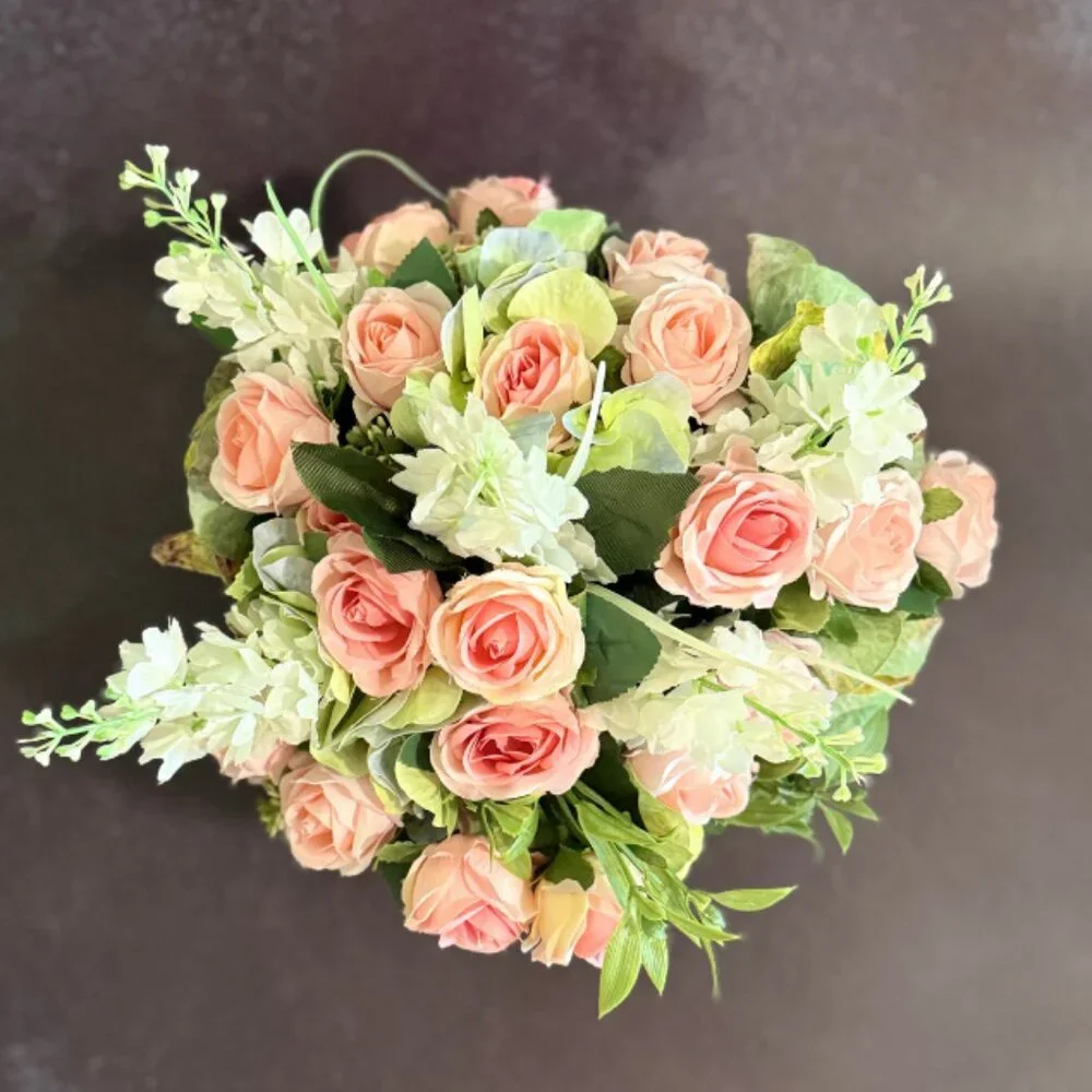 Faux Pink Rose Floral Arrangement Centerpiece in Ceramic Pearl Bowl